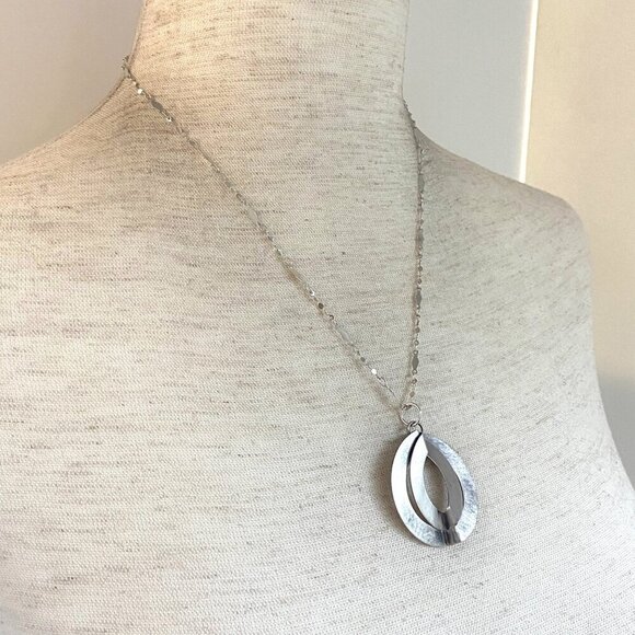 Brushed Sterling Silver 925 Double Ring Modernist Style Round Pendant Necklace - Picture 5 of 16